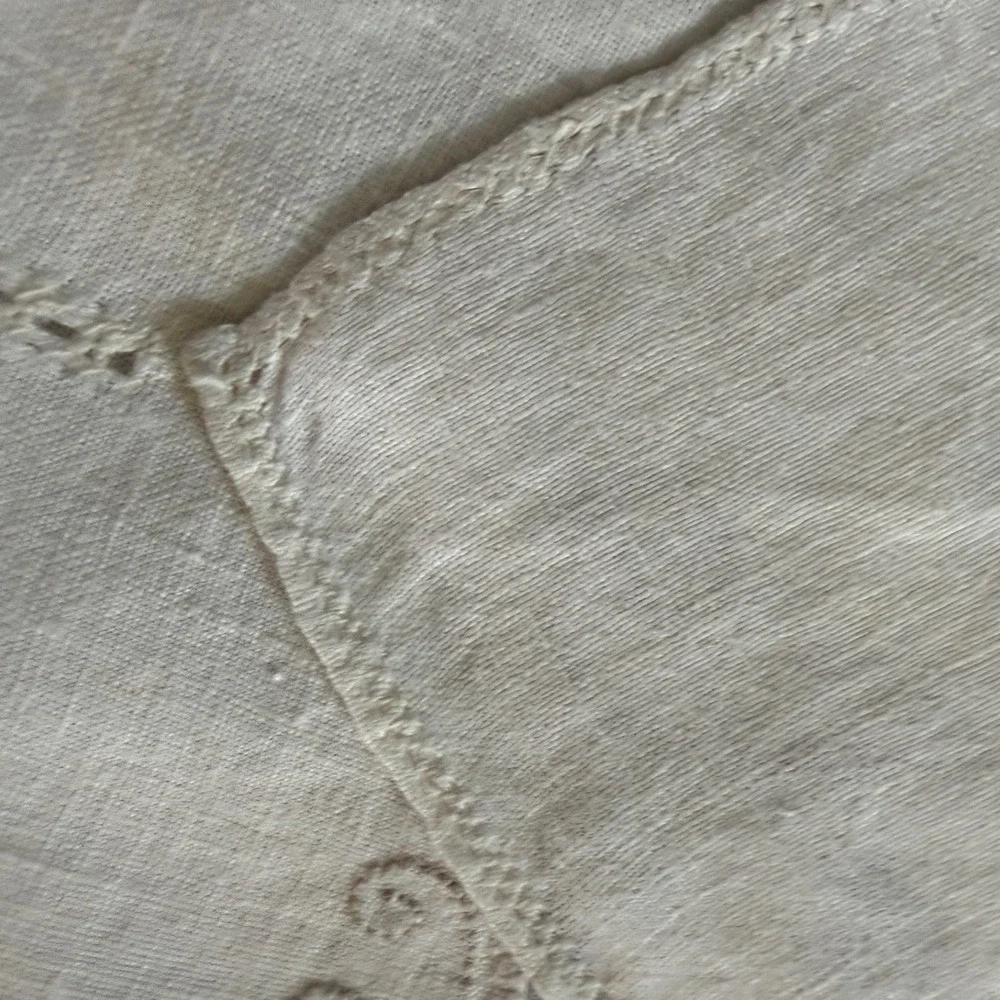 Vintage Off White Linen Square Tablecloth Embroidered Cutwork 33x33 inch